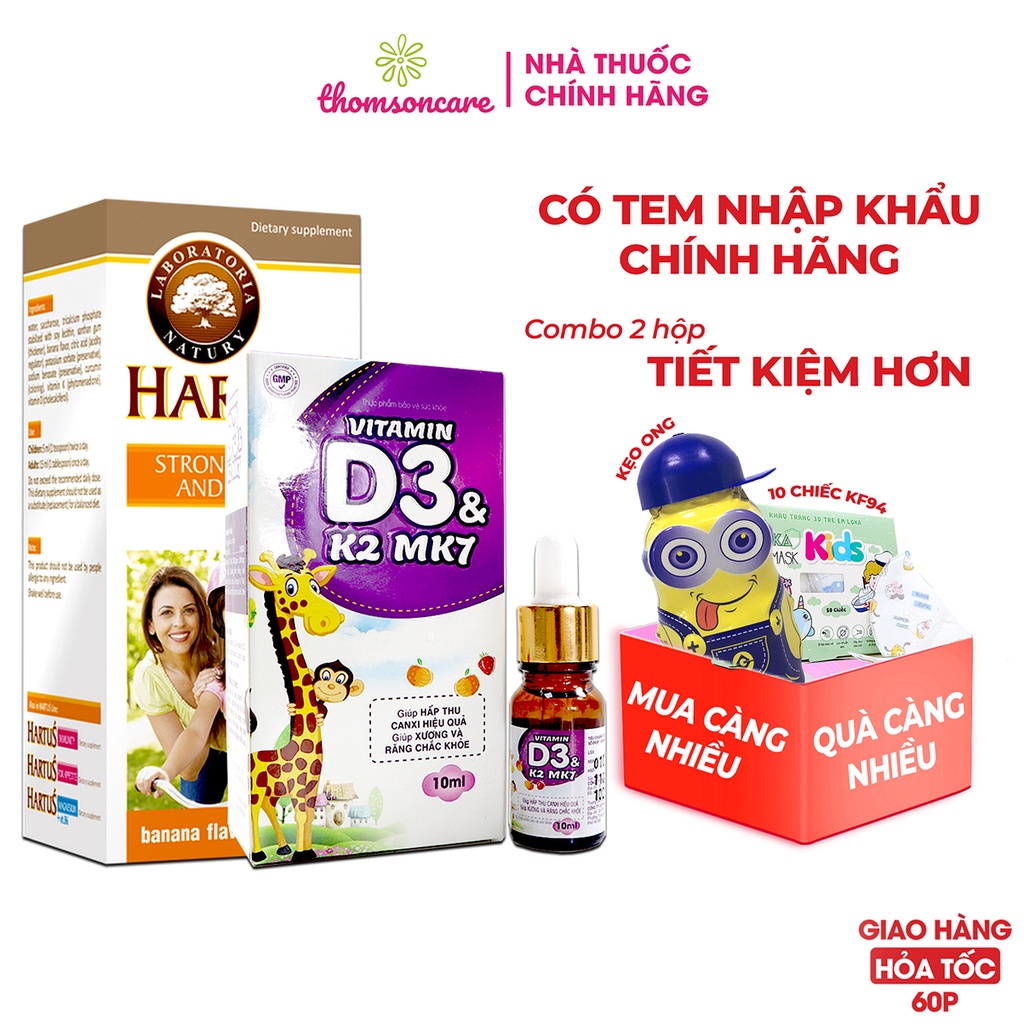 Hartus Canxi, Vitamin D3 K2 MK7- Bổ sung Canxi hữu cơ cho bé, Giúp hấp thu Canxi tối đa nhờ Vitamin K