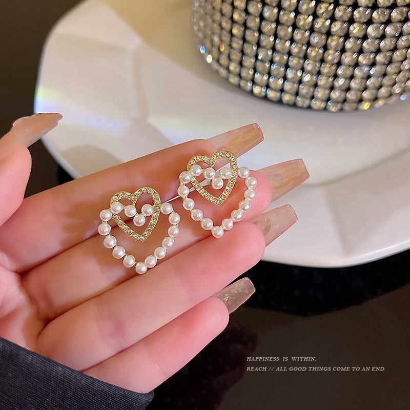 Bông Tai Đính Ngọc Trai Hình Trái Tim Sang Trọng Thời Trang 2022