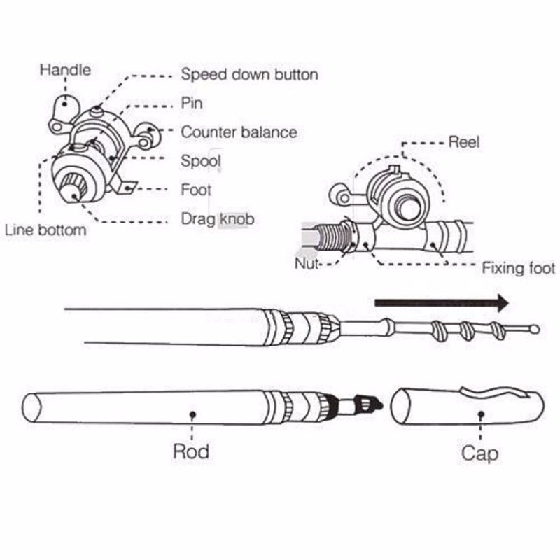 Cần câu cá mini hình cây bút kèm tay quay dây câu