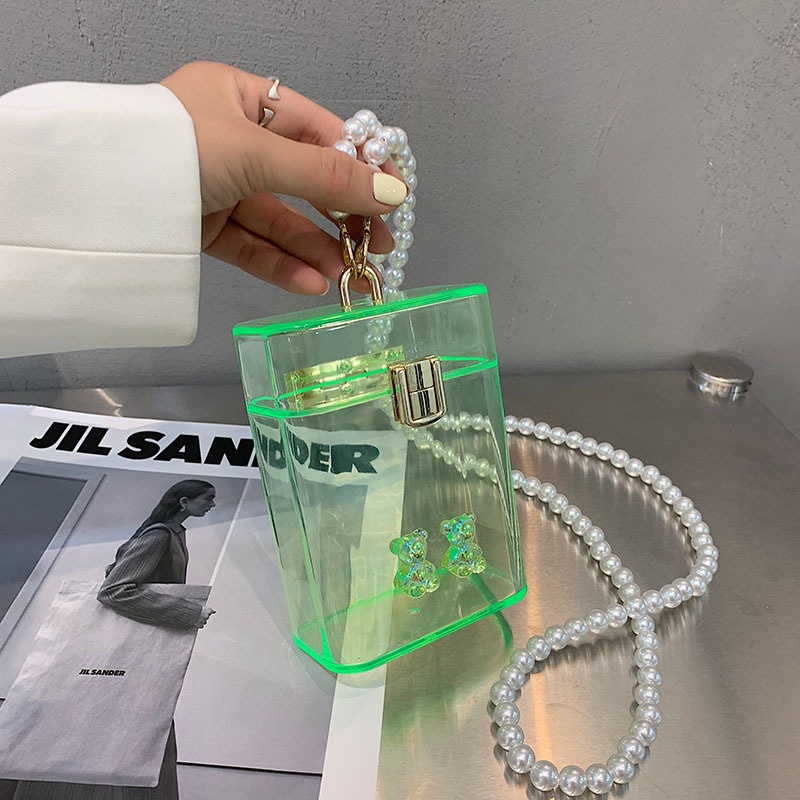 Túi đeo chéo Mini trong suốt phối dây xích thời trang mùa hè Hàn Quốc 2021