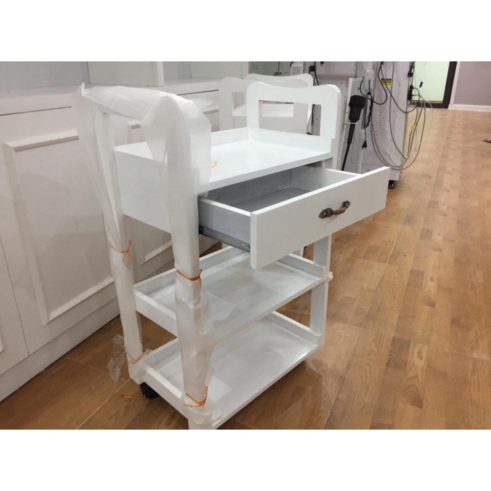 Xe đẩy gỗ 3 tầng có bánh xe, có ngăn kéo