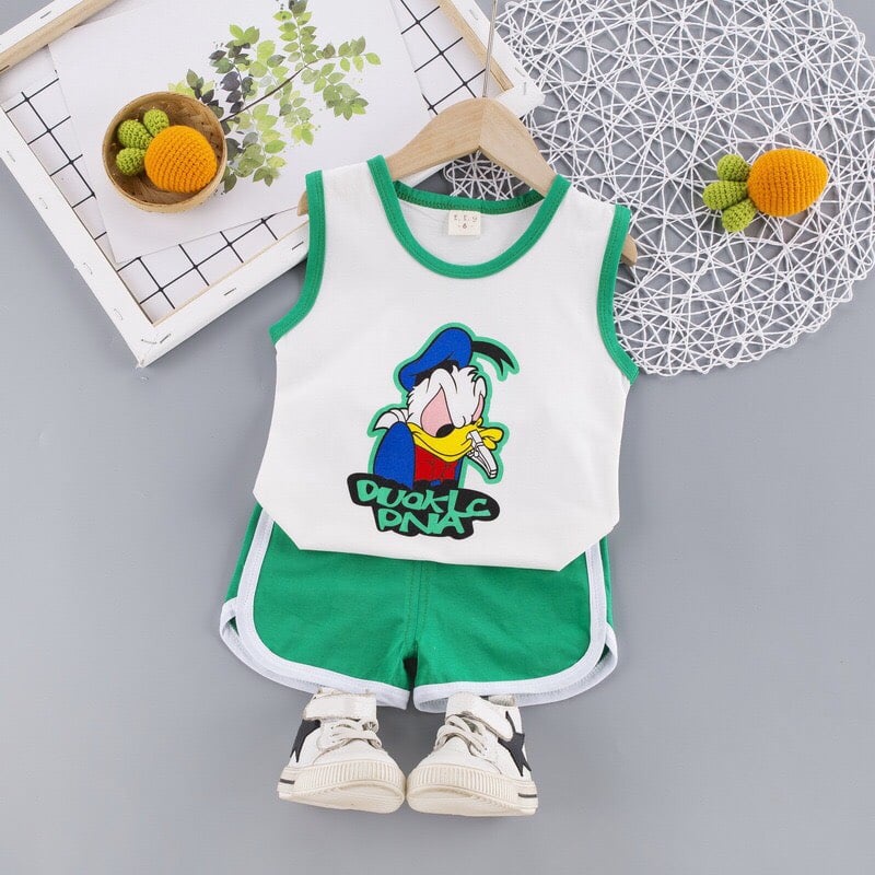 Bộ quần áo ba lỗ trẻ em in hình vịt donal đáng yêu chất cotton cho bé trai và gái 8-18kg