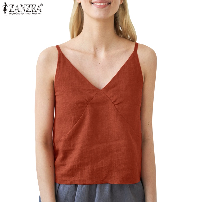 Áo hai dây ZANZEA cổ chữ V màu trơn phong cách thời trang nữ tính