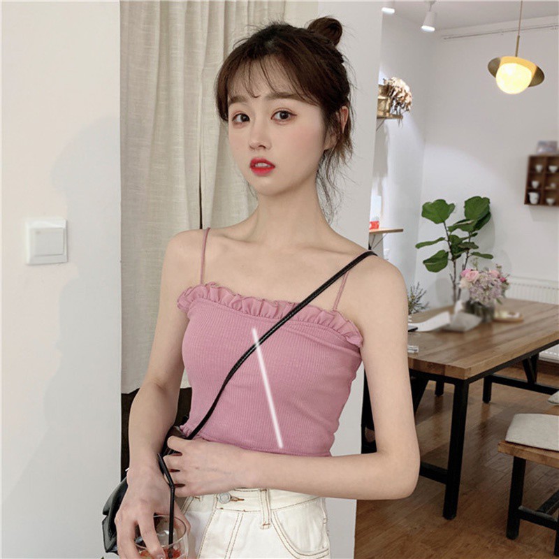 Áo Lửng Hai Dây Phối Ren Phong Cách Hàn Quốc Sành Điệu Dành Cho Nữ