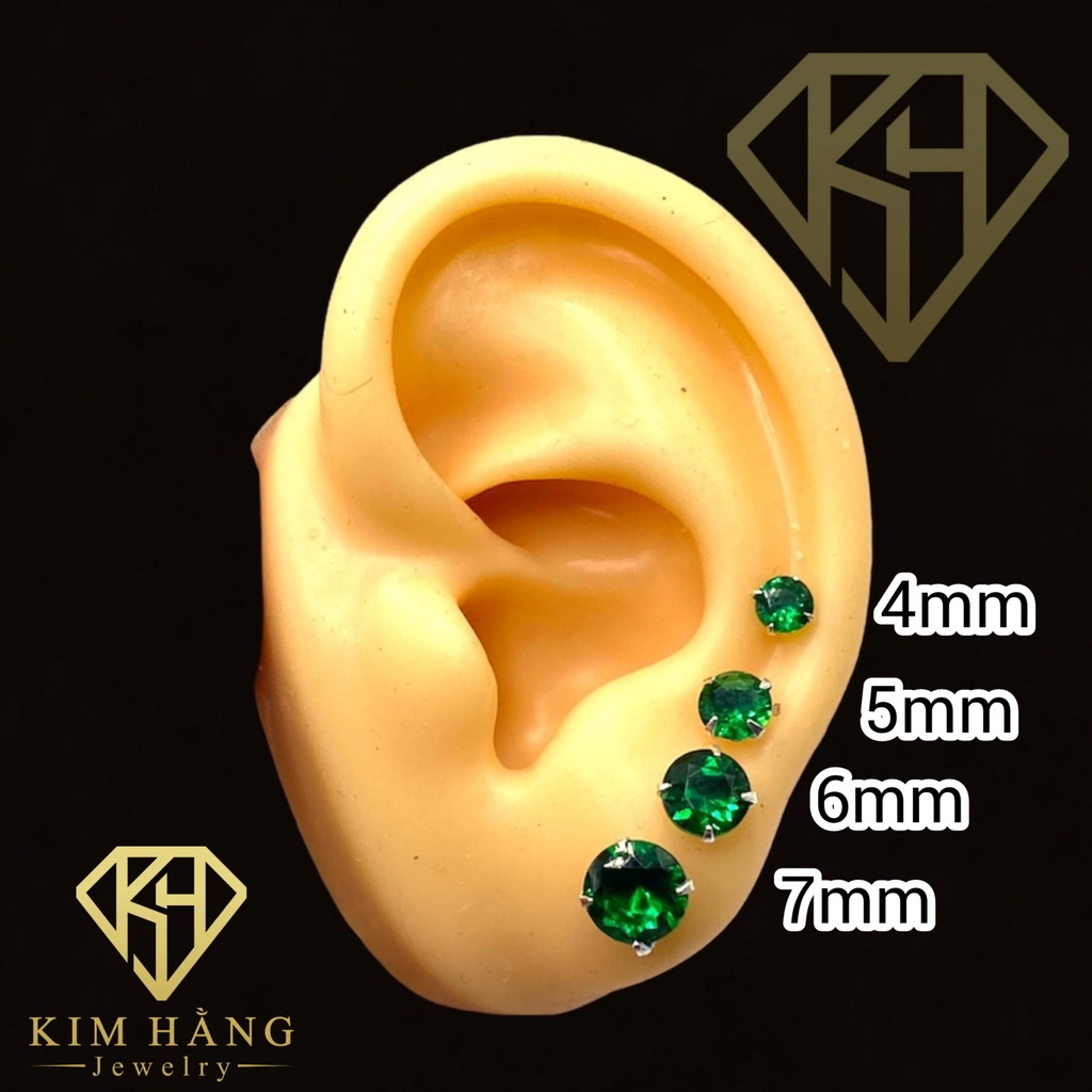 Khuyên Tai Bạc Nụ Tròn Đá Xanh Lá KHJER074- Chốt Đẩy