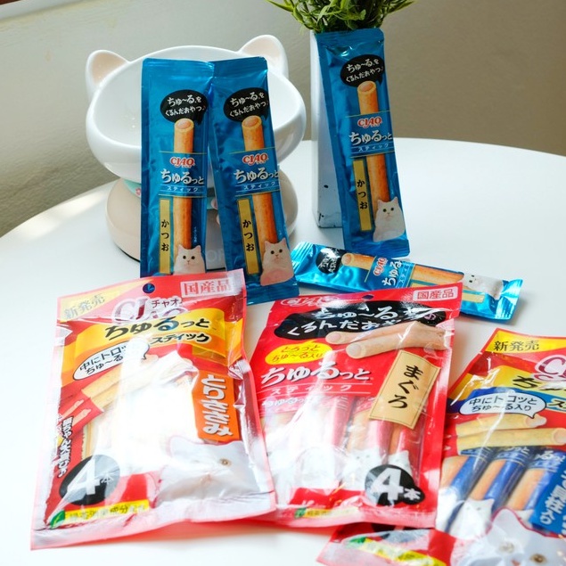 Bánh thưởng cho mèo Ciao churutto stick 28 gram 4 thanh, thức ăn snack vặt có nhân Con Mèo Xiêm