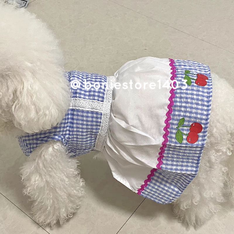 Đầm Váy Chó Mèo Thú Cưng Kẻ Caro In Hình Cherry Dễ Thương