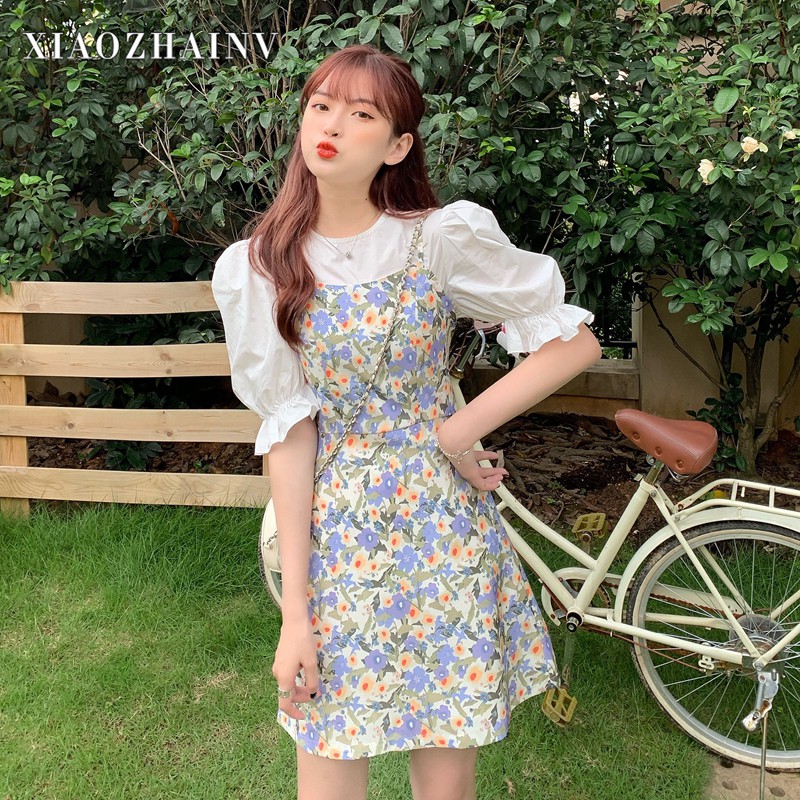 Xiaozhainv Áo tay phồng / Đầm Hoa Phong Cách Hàn Quốc Xinh Xắn Cho Nữ