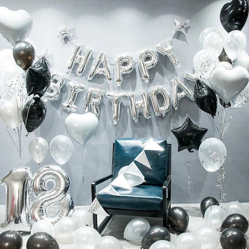 [Ảnh thật] Set trang trí sinh nhật. happy birthday tone trắng bạc xám tinh tế TẶNG KÈM bơm bóng, keo dán tùy combo