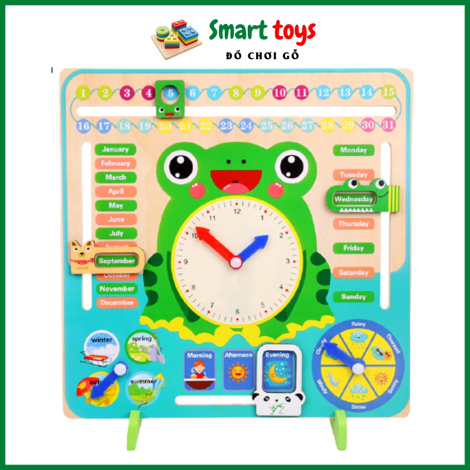 Đồ chơi giáo dục đồng hồ con êch bằng gỗ cho bé trai bé gái bảng lịch đa năng 7 in 1 ngày tháng năm và thời tiêt