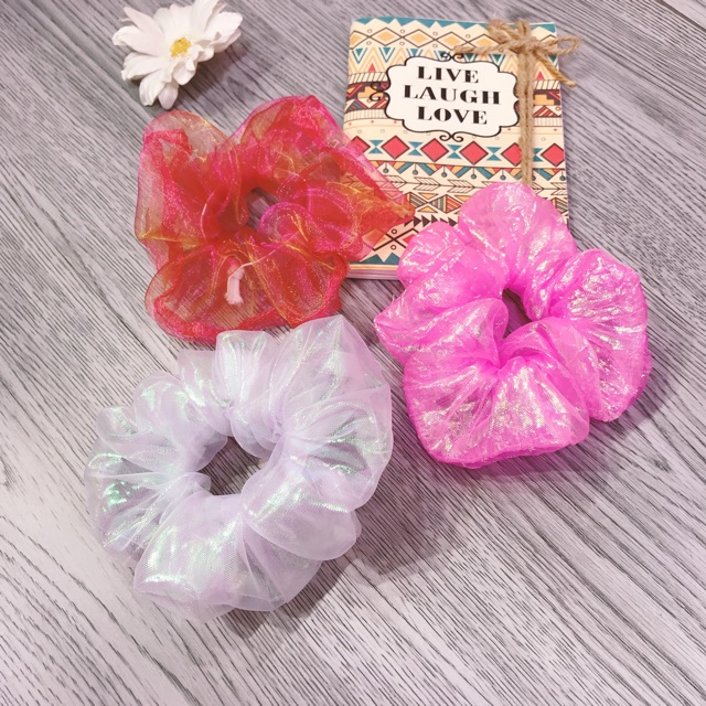 Dây cột tóc vải scrunchies trắng hologram