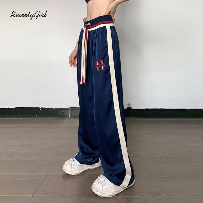 Quần Thể Thao Ống Rộng Lưng Cao In Chữ Phối Màu Tương Phản Thời Trang 2022 Cho Nữ