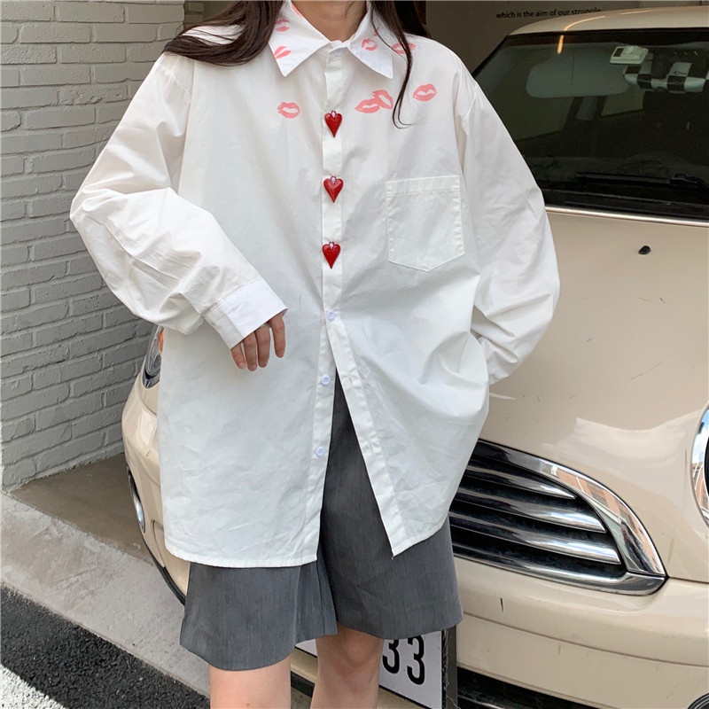 Áo sơ mi ZHELIHANGFEI tay dài dáng rộng họa tiết đôi môi phong cách đi học dễ phối đồ thời trang