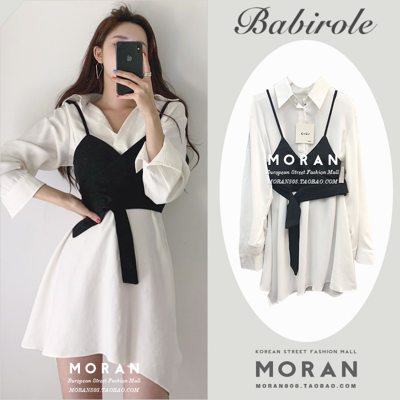 (ORDER) Váy sơ mi MORAN kèm yếm croptop 2 dây style sang chảnh Hàn Quốc - Có ảnh thật
