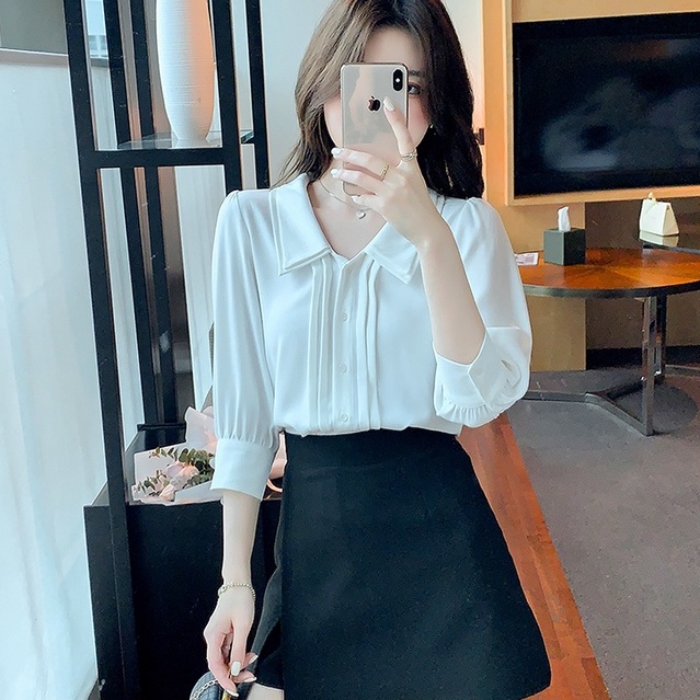 Áo Sơ Mi Chiffon Tay Lửng Cổ Búp Bê Xếp Ly Hai Lớp Màu Trắng Thời Trang Mùa Hè Dành Cho Nữ