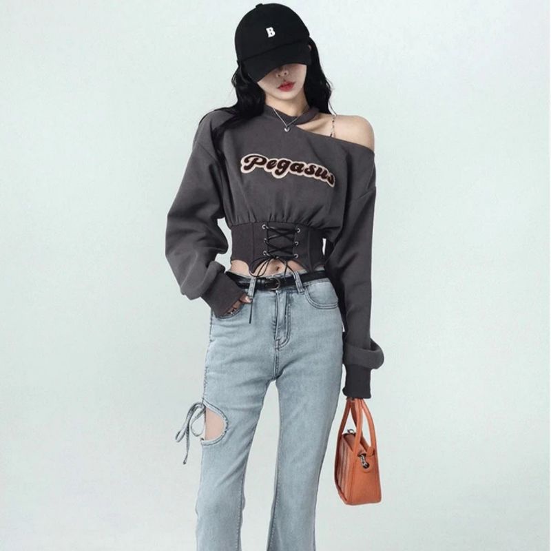 Áo lệch vai kèm dây chiết eo dài tay |IMEE|