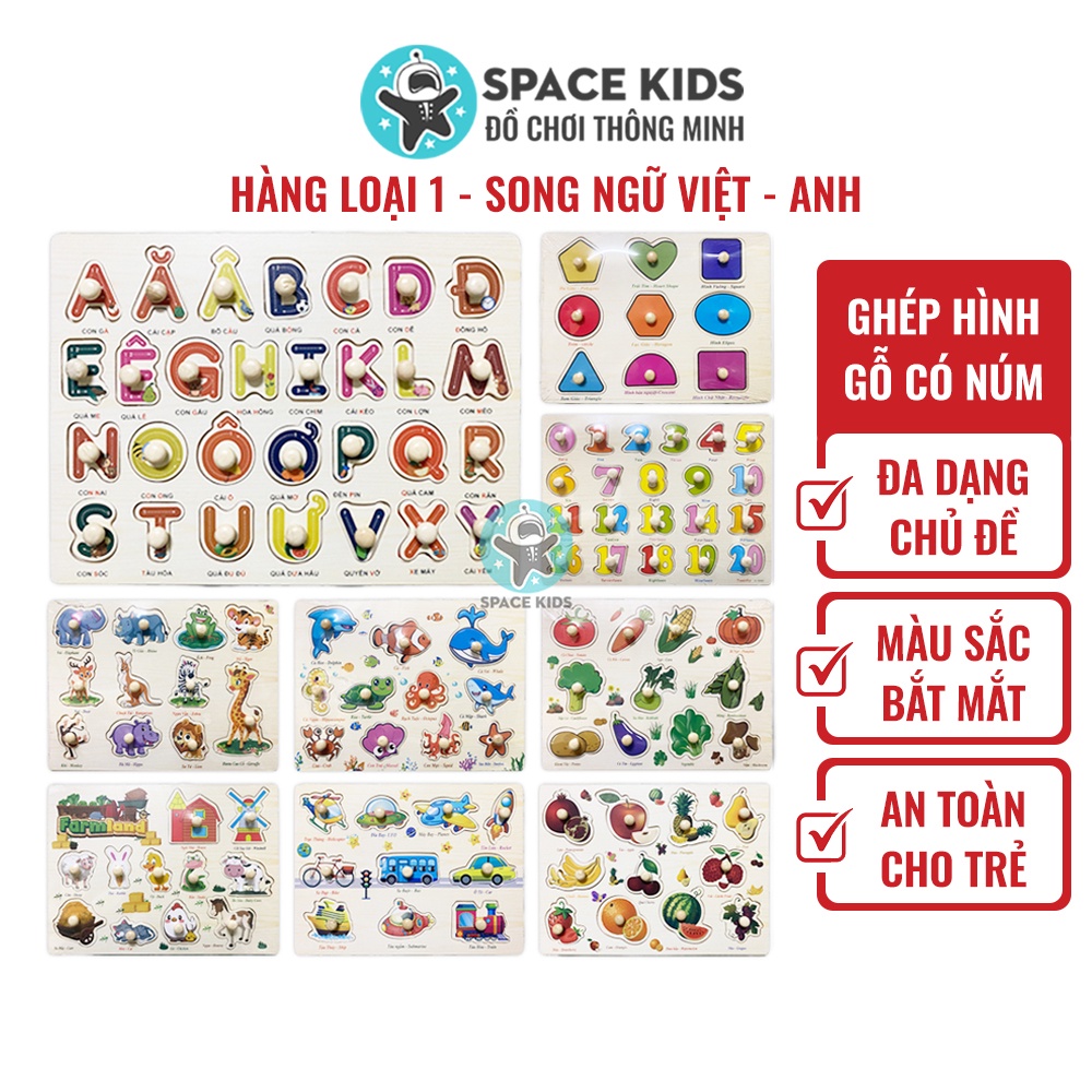 Đồ chơi trí tuệ Bảng núm gỗ Tiếng việt cho bé, Đồ chơi trẻ em giáo dục sớm xếp hình gỗ thông minh montessori