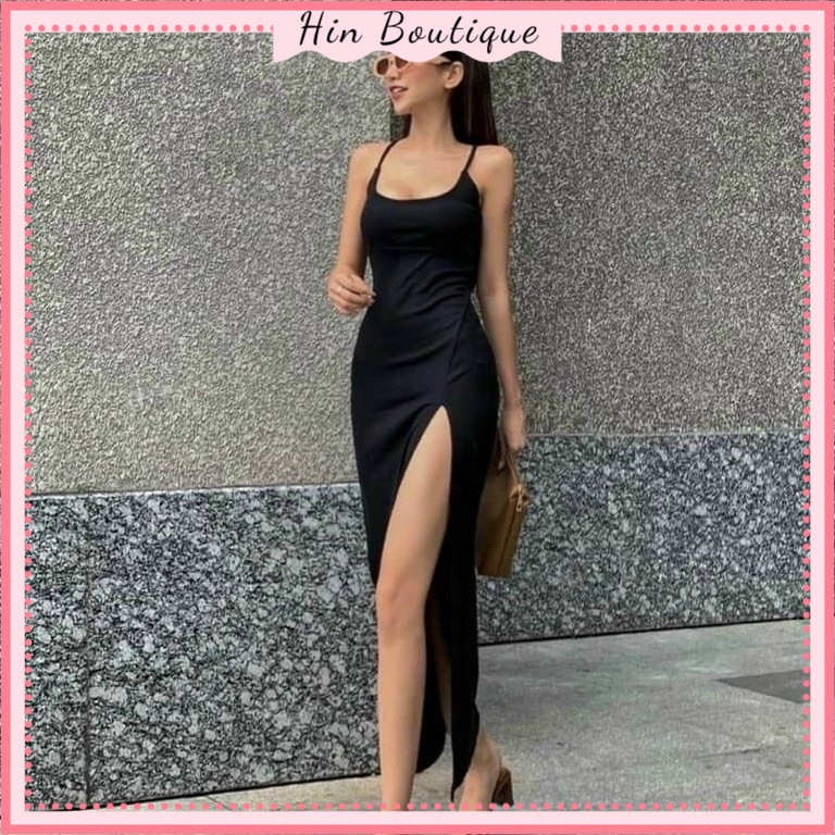 Váy body 2 dây xẻ tà đan dây lưng sang chảnh, đầm hở lưng sexy dáng dài ôm thanh lịch