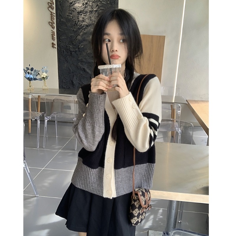 ZHELIHANGFEI Áo Khoác Cardigan Dệt Kim Tay Dài Cổ Chữ V Phong Cách Retro Nhật Bản