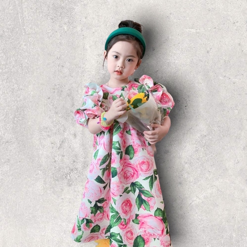 váy bé gái họa tiết hoa hồng nổi bật chất thô mềm