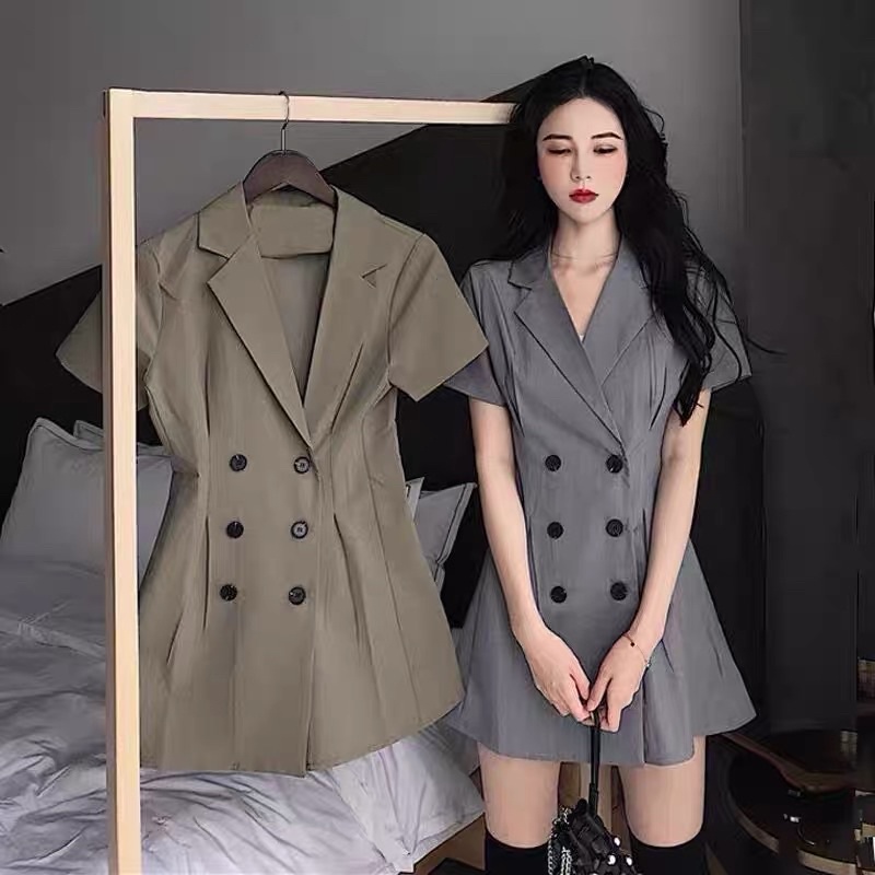 Áo blazer nữ tay ngắn KigiHome Áo blazer cổ vest form dài ( có sẵn màu rêu )