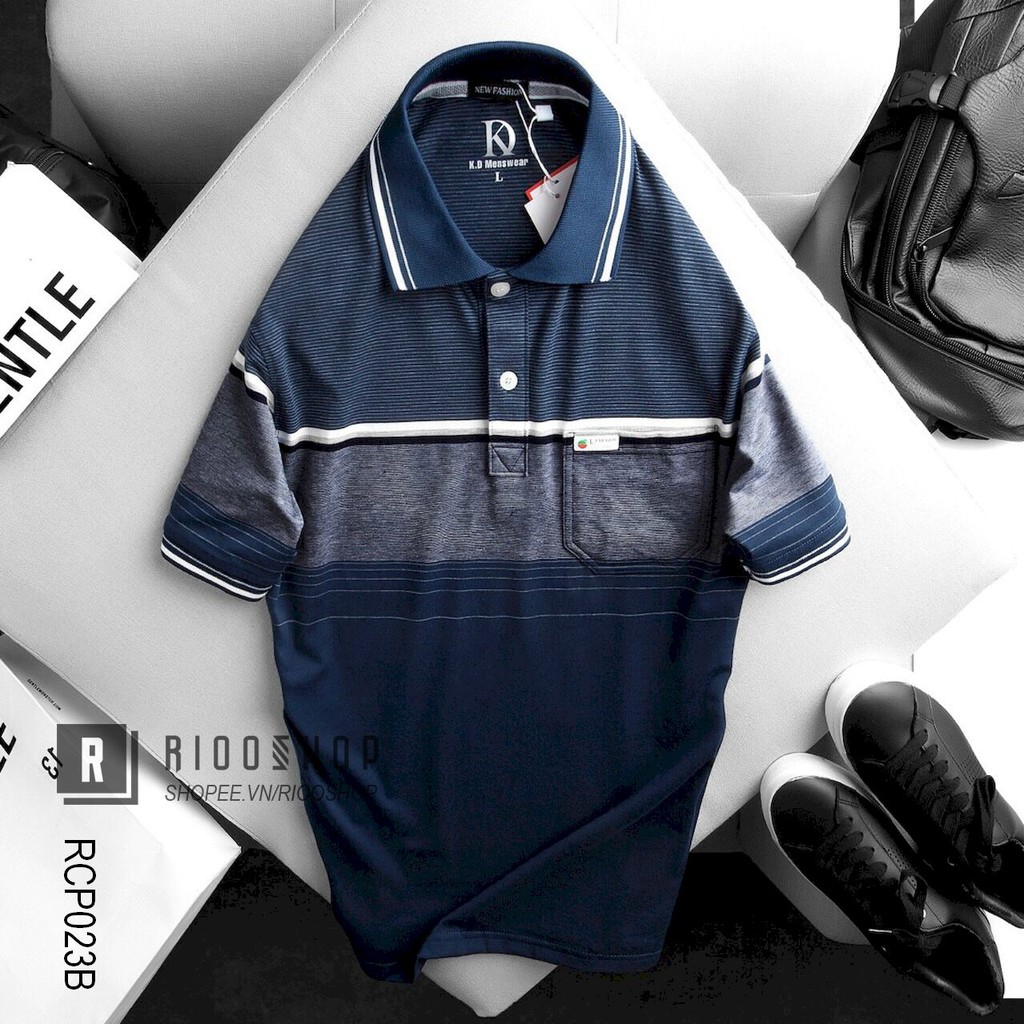 Áo thun nam có cổ có túi trung niên sọc dệt hàng cao cấp RCP023B - áo polo nam cotton Riooshop | BigBuy360 - bigbuy360.vn