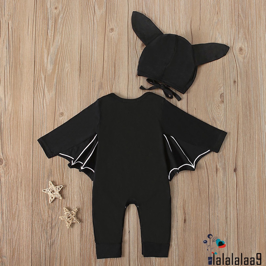Bộ áo liền quần cổ tròn tay cánh dơi in họa tiết kèm mũ đội màu đen hóa trang lễ Halloween cho bé