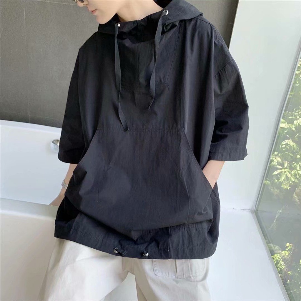 Áo Hoodie Tay Ngắn Màu Trơn Dáng Rộng Thời Trang Mùa Hè 2022 Phong Cách Hàn Quốc Cho Nam