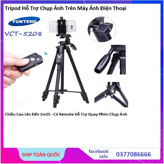 Giá Đỡ Điện Thoại Máy Ảnh-Tripod Điện Thoại Máy Ảnh Chuyên Nghiệp Yunteng VCT 5208 (hỗ trợ livestream, bán hàng online )