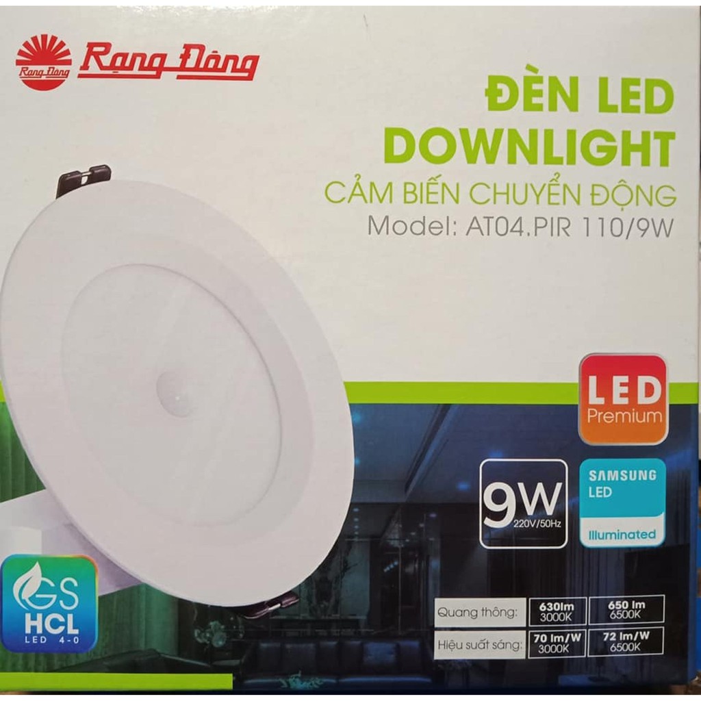 Đèn Led âm trần cảm biến D AT04L 110/9W PIR trắng Rạng đông