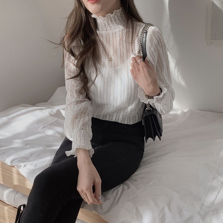 Áo Nữ Cổ Cao Tay Dài Phối Ren Phong Cách Hàn Quốc 40669