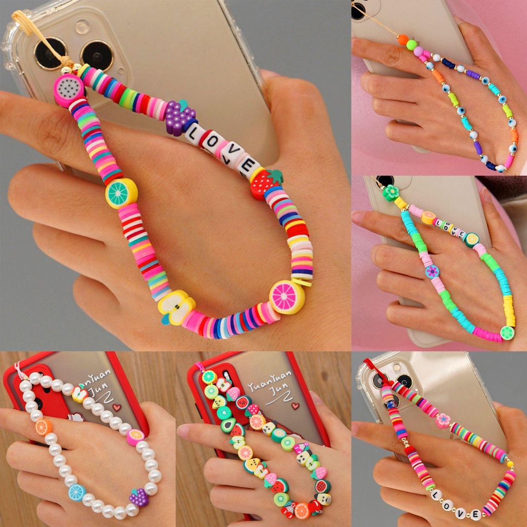 Dây Đeo Điện Thoại Xâu Hạt Acrylic Màu Cầu Vồng In Chữ / Trái Cây Dễ Thương
