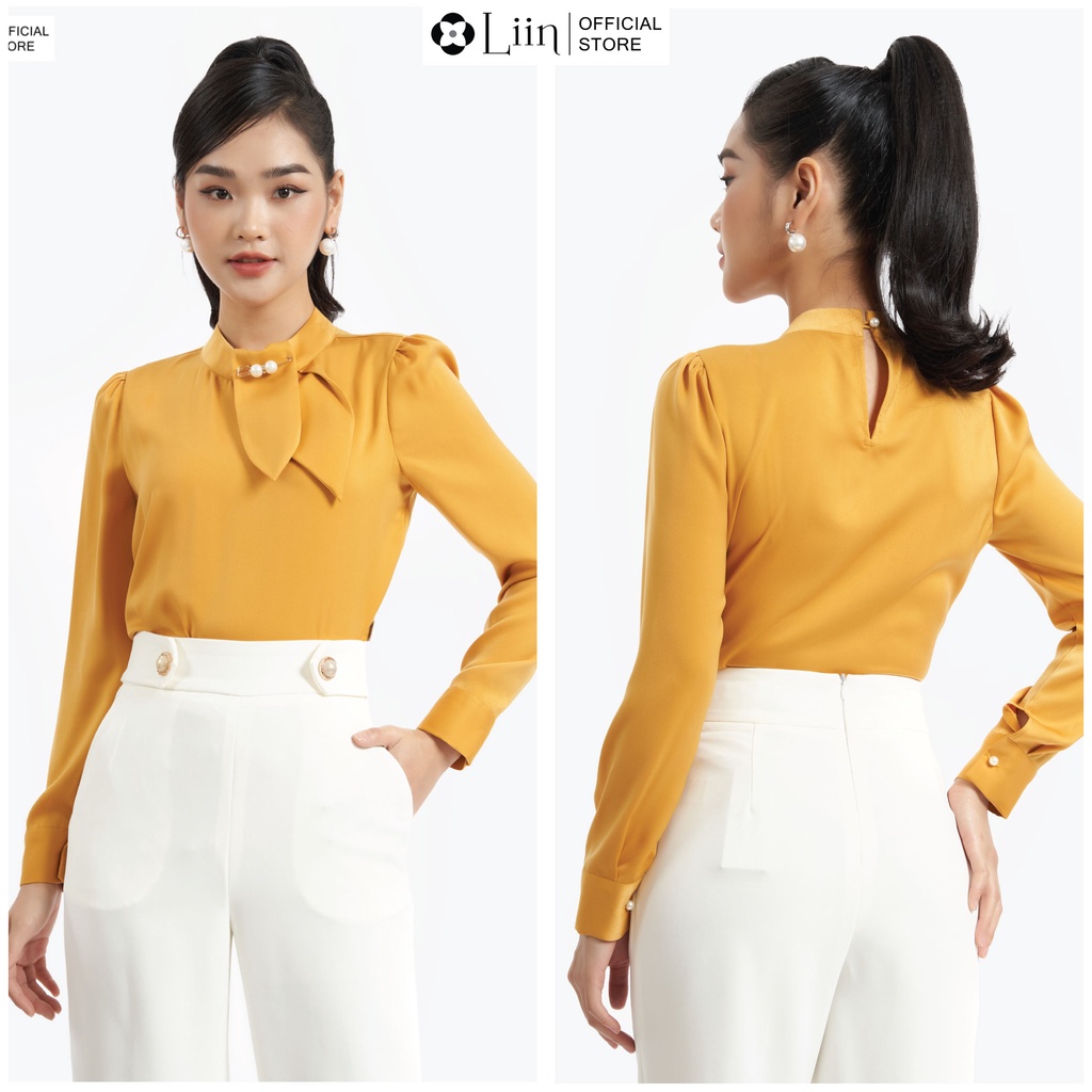 Áo kiểu nữ màu vàng thiết kế cổ tròn vạt khăn cách điệu xinh xắn Liin Clothing SM4008