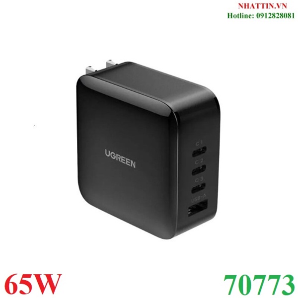 Củ sạc nhanh 65W GaN 4 cổng, 3 USB-C và 1 USB Type-A Hỗ trợ QC4+, PD3.0 Ugreen 70773 cao cấp