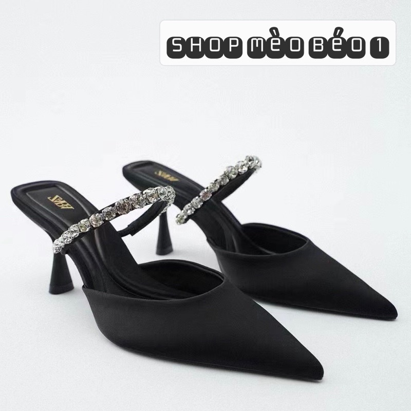 Giày sục zara lụa mũi nhọn quai đá ngang gót nhọn xuất dư fullbox