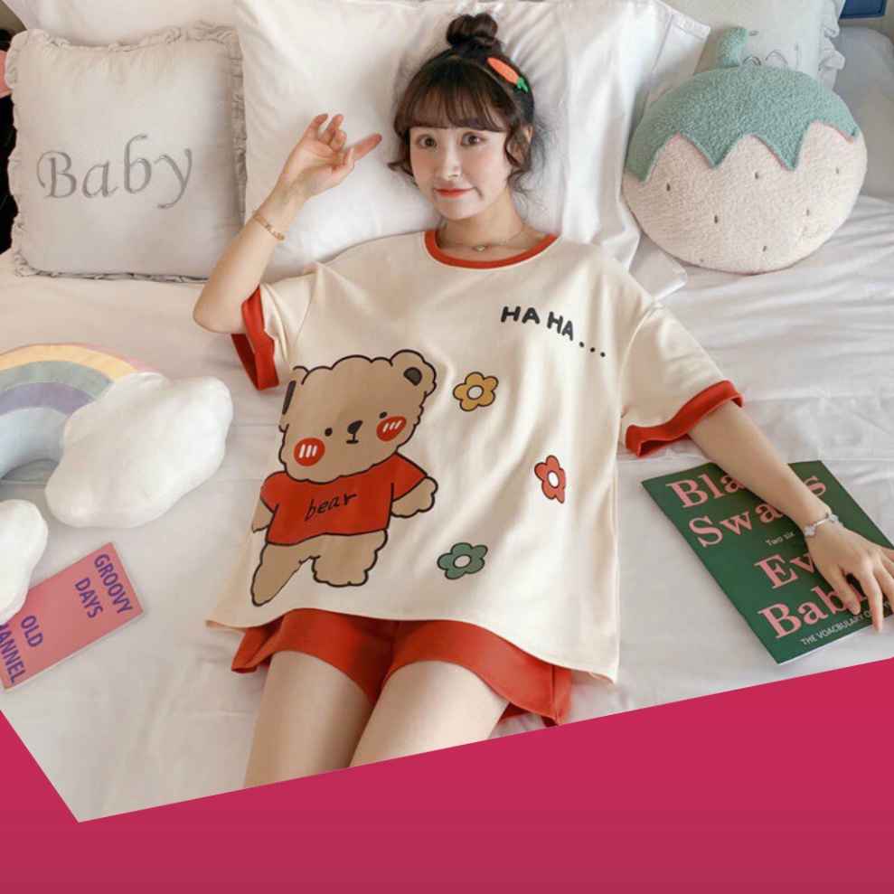 Set Bộ Nữ ,Đồ Bộ Nữ Hình Gấu Mix Quần Sooc-Chất Thun Coton 2 Màu Siêu Xinh