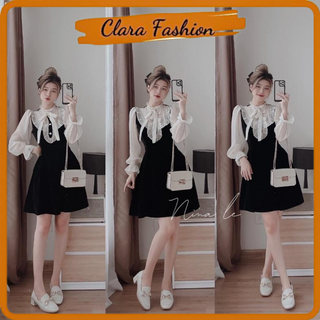 Váy nhung đen cổ bèo nơ khuy ngọc phối tay tơ clara siêu xinh