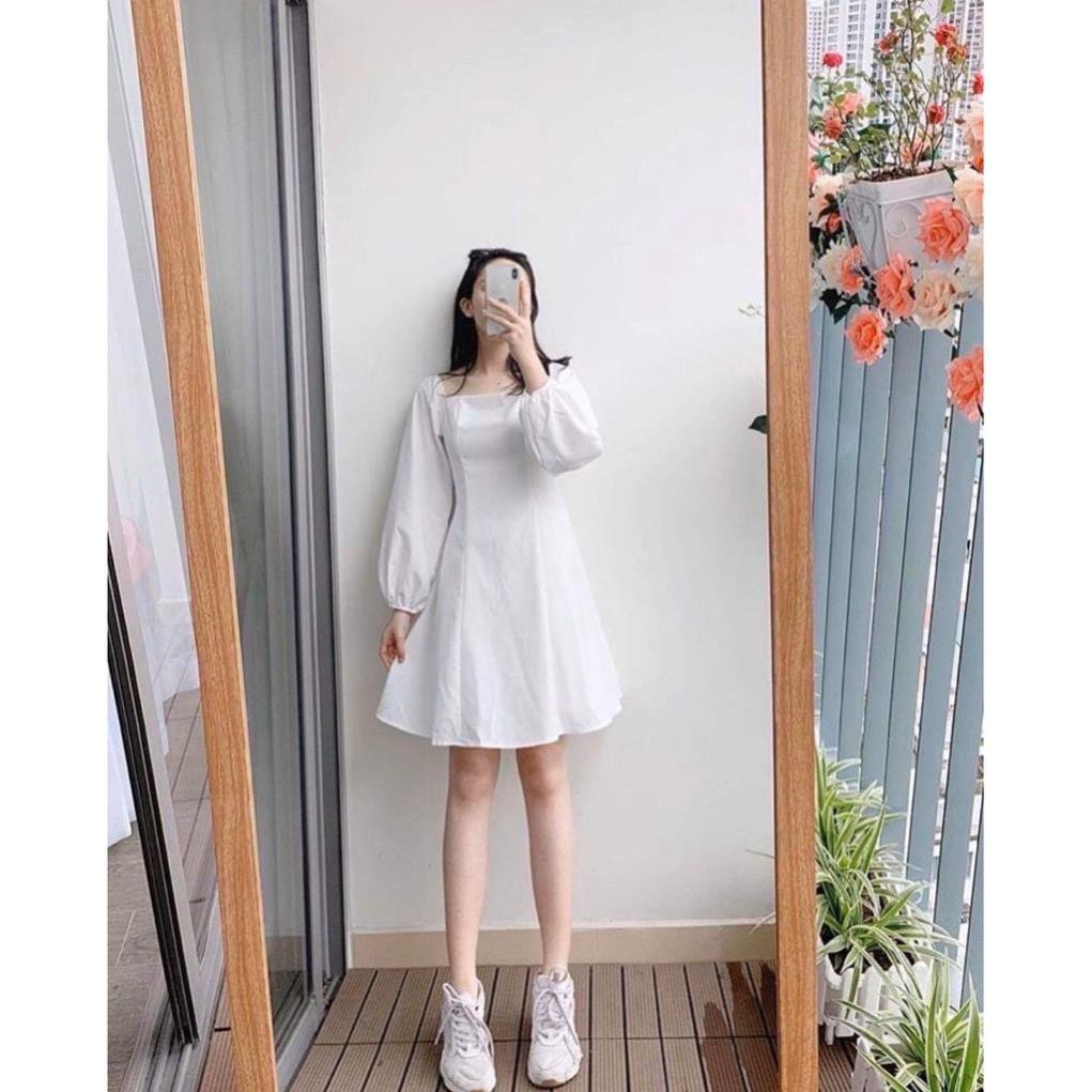 (DÁNG NGẮN NEW) VÁY TRẮNG TRỄ VAI TAY DÀI CỔ THUYỀN - ĐẦM CỔ VUÔNG BO CHUN TAY PHỒNG HOT 👗 ྇