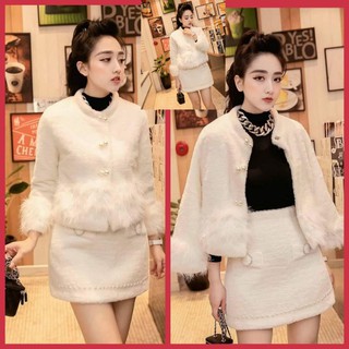 Sẵn xả kho Sét áo váy dạ lông nữ siêu xinh/ sét áo váy quảng châu/ sét áo dạ cổ lông chân váy a (ảnh thật, video)