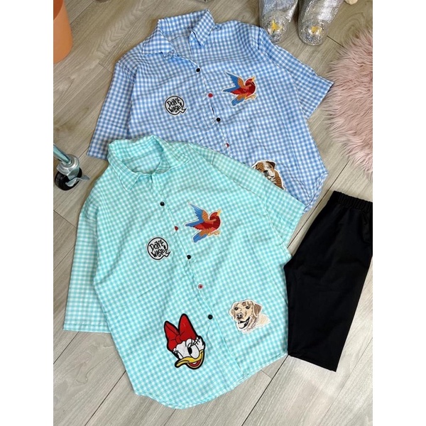 Set Bộ Ngố Sơ Mi Nữ Caro Thêu Hình Động Vật Mặc Đi Dạo Phố Trà Sữa