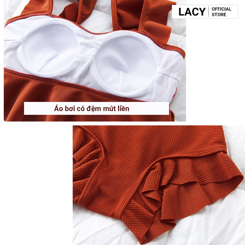 Bikini nữ đồ bơi 2 mảnh kín đáo áo croptop có đệm mút dây xếp ly cánh tiên quần viền xếp ly cạp cao giấu bụng B151 LACY