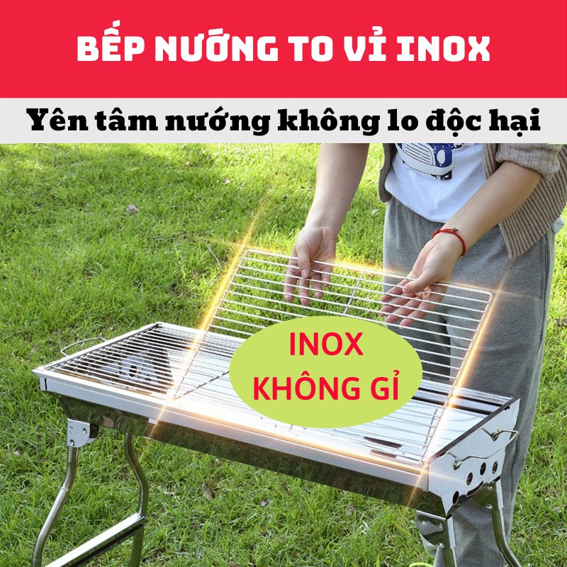 Bếp nướng than hoa inox cỡ lớn, chân cao có thể gấp gọn tiện lợi, đầy đủ phụ kiện dùng cho dã ngoại, gia đình đều được