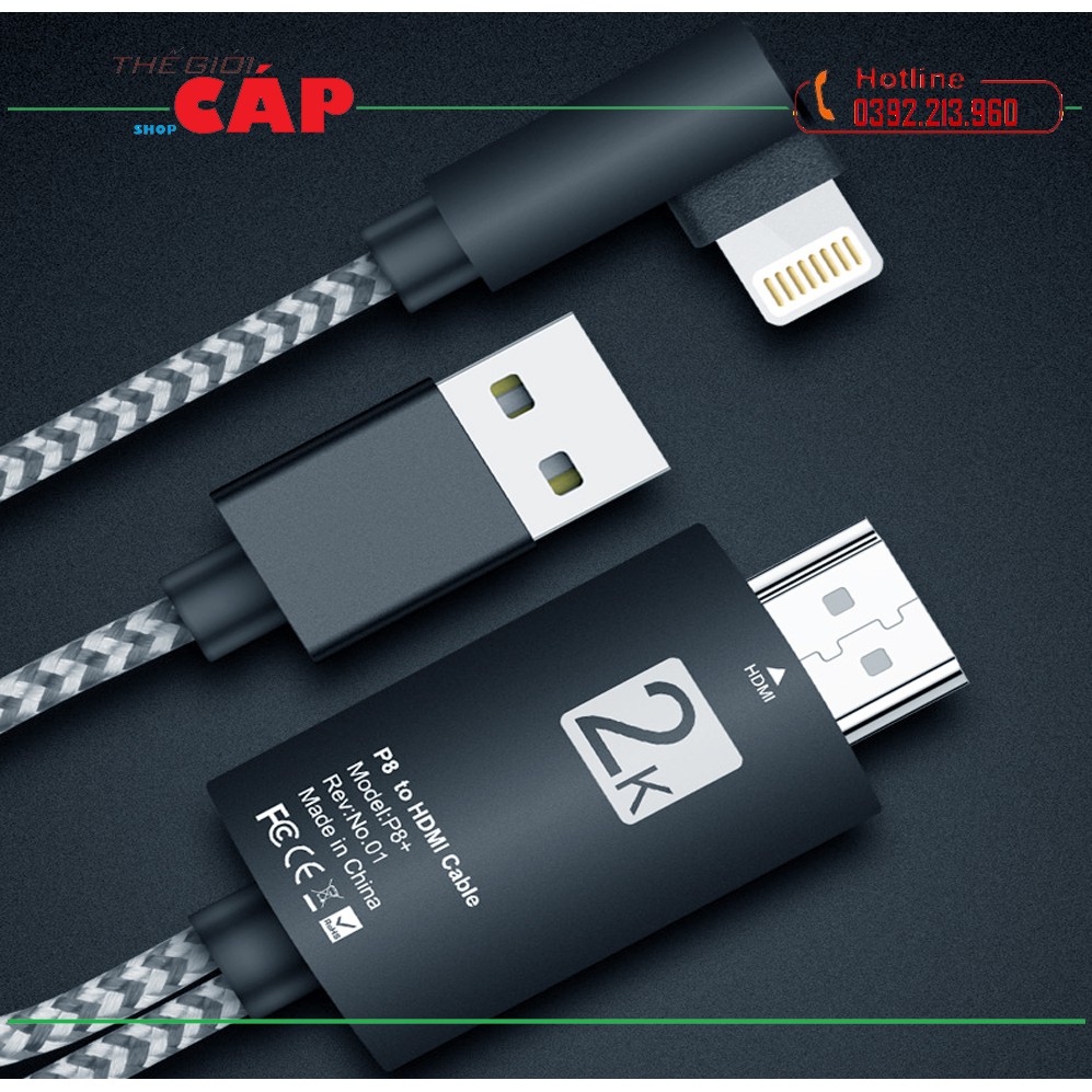 Cáp Chuyển Đổi Tín Hiệu Từ Iphone Sang Tivi Lightning to HDMI 2K Dây Dù Bẻ Góc 90 Độ Dài 2m Cao Cấp