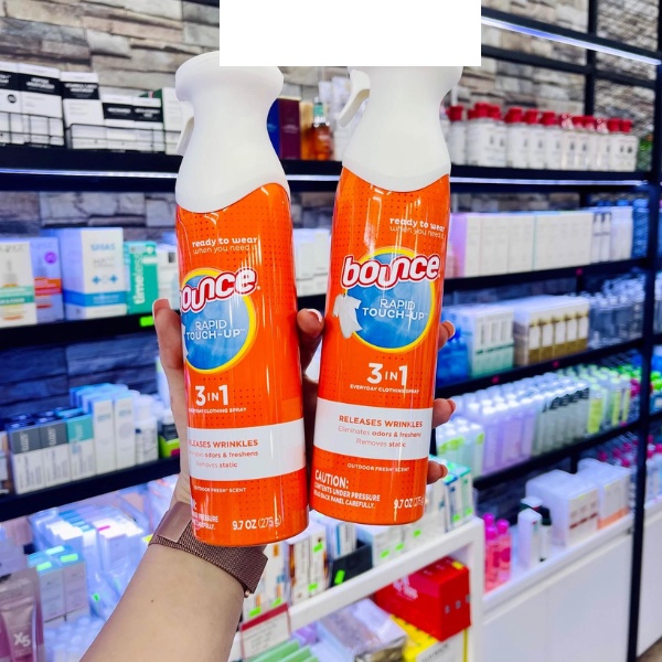 Chai Xịt Thơm Làm Phẳng Quần Áo Bounce Rapid Touch-Up 3 In 1 275g, Giấy Thơm Bounce 160 tờ