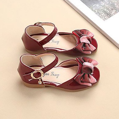 Giày búp bê nơ da bóng mềm mại màu đỏ huyết cho bé gái lớn