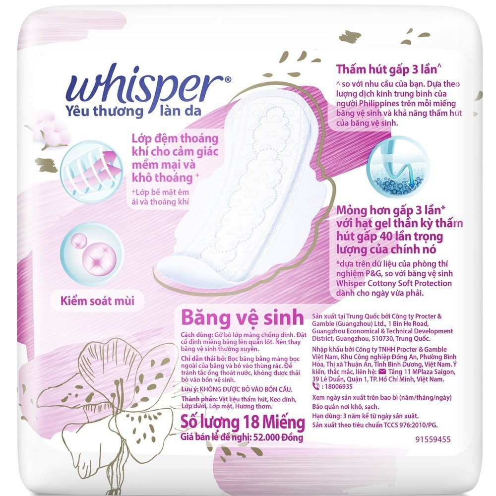 Băng Vệ Sinh Whisper Skinlove Regular Flow Ultra Slim Wings Yêu Làn Da Siêu Mỏng Ngày 24cm 18 Miếng