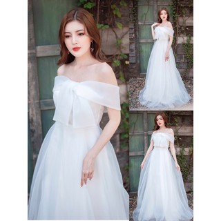 (free chỉnh sửa váy) đầm dạ hội cưới trắng trễ vai nơ ngực váy xoè phồng, đầm cô dâu chụp hình cưới đãi tiệc nhẹ nhàng