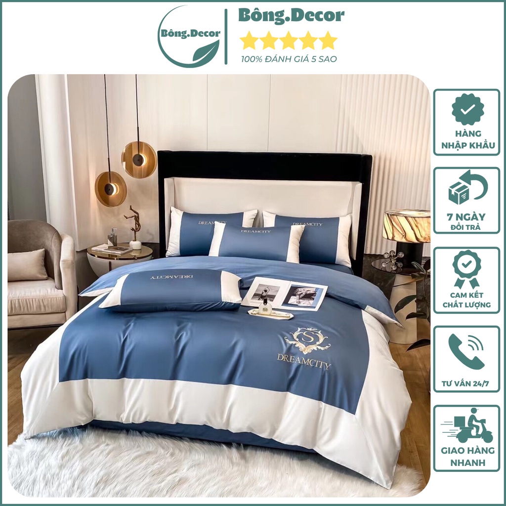 Bộ chăn ga gối lụa cotton Dream City phối màu sang trọng, chăn ga gối 4 món nhập khẩu cao cấp mềm mịn thoáng mát