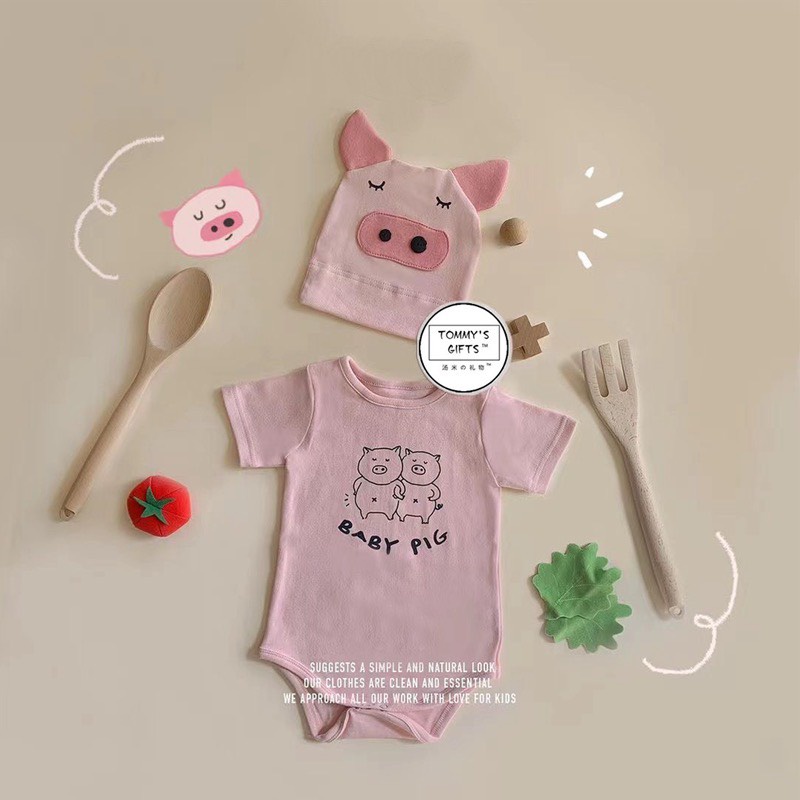 Set body hè trẻ em heo hồng béo ú kèm mũ, chất mềm co dãn