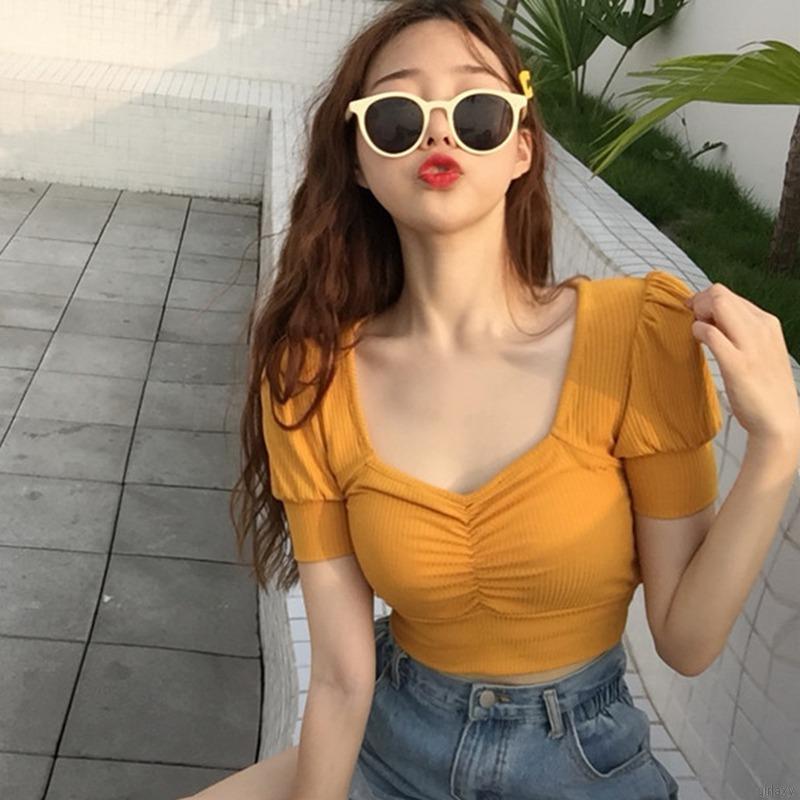 Áo Thun Tay Ngắn Cổ Vuông Màu Trơn Thiết Kế Đơn Giản Phong Cách Hàn Quốc
